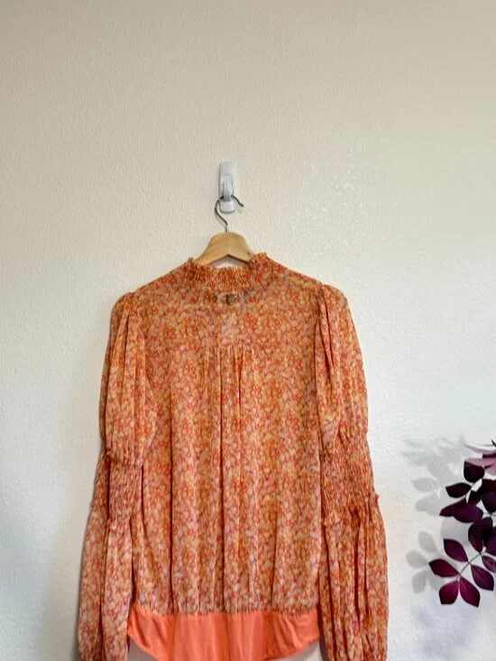 LULUS Lovely Thoughts Peach Floral Print Ruffled Long Sleeve Bodysuit Small - Picture 4 of 8